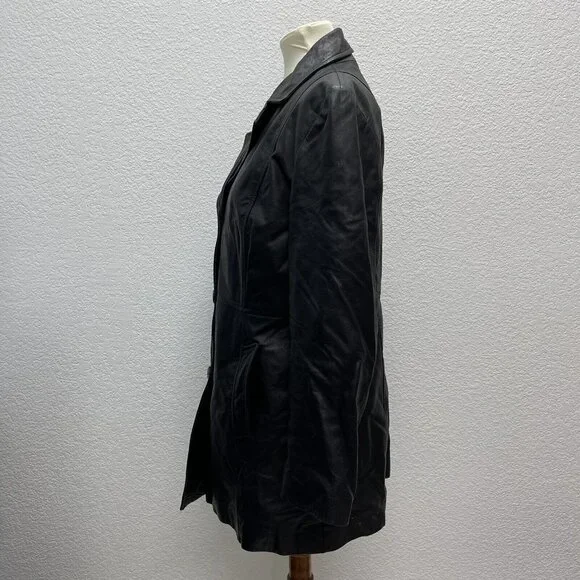 WINLIT Womens Medium Black Soft 100% Leather Button Jacket Long Lines Dress Coat